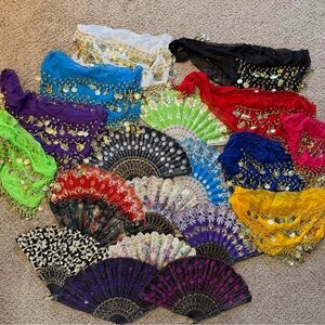 Colorful Belly Dance Hip Scarves and Fans Set
